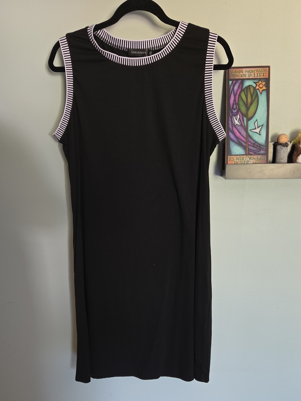 Sleeveless Black Shift Dress with Striped Trim XXL